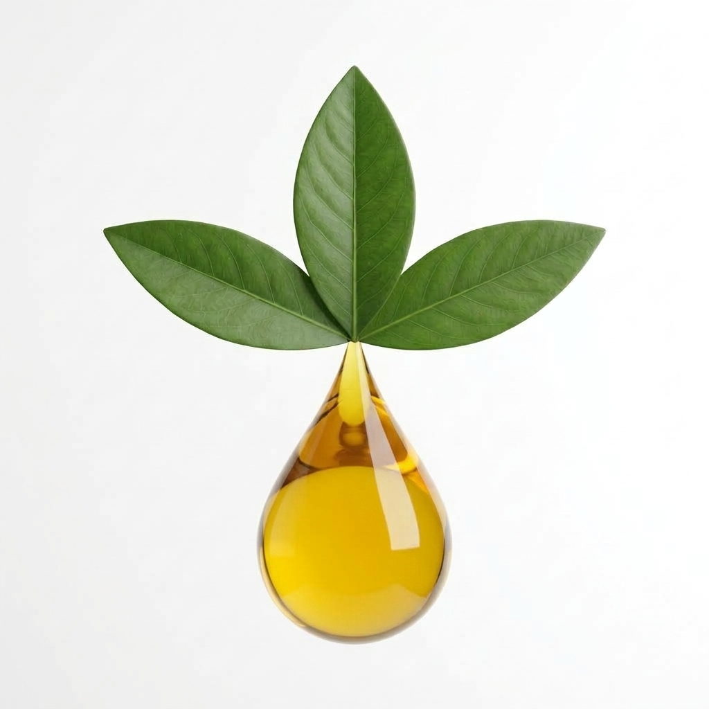 Botanical leaf above a drop of golden plant extract
