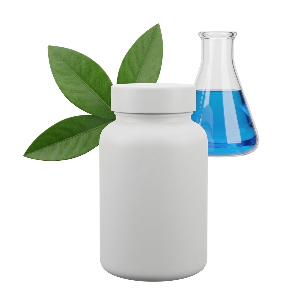 Supplement bottle with botanical leaf and laboratory flask